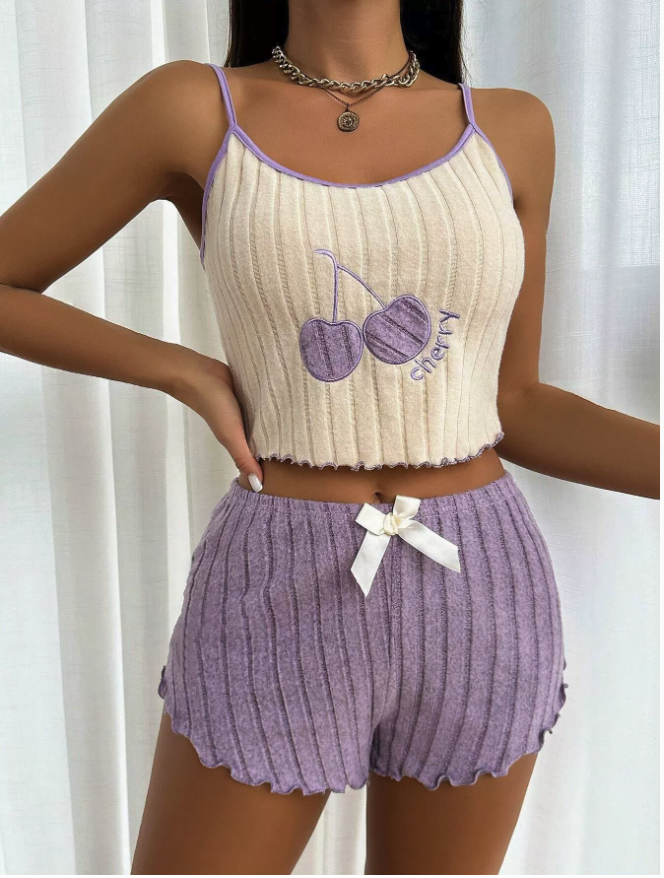 NO1205# Women Color-Block Cherry Ribbed Camisole Shorts Pajama Set Wholesale