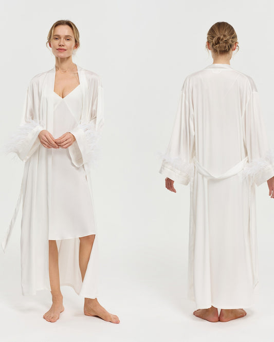 Midi Feather-Trim Satin Bridal Robe