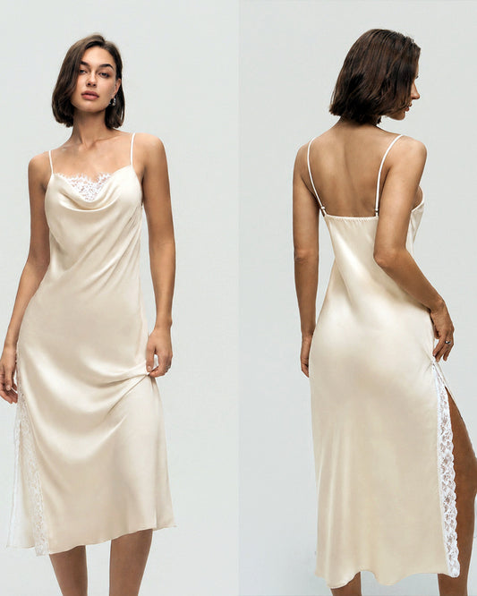 Lace-Trim Satin Midi Nightgown