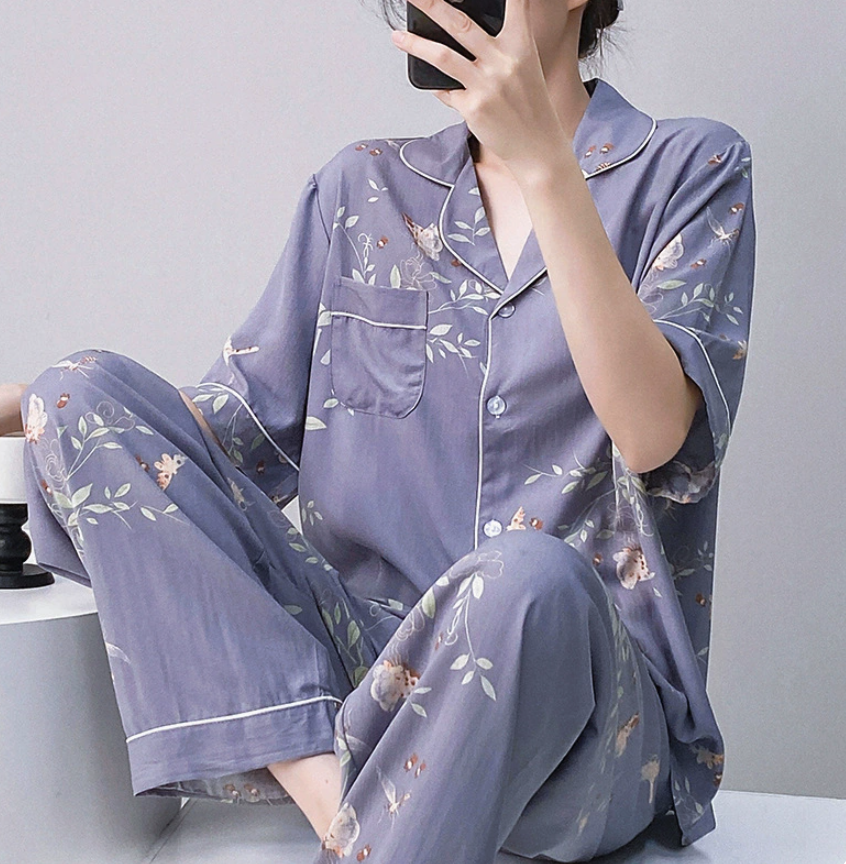NO1302# Women’s Short Sleeve Printed Button Pajama Set Wholesale