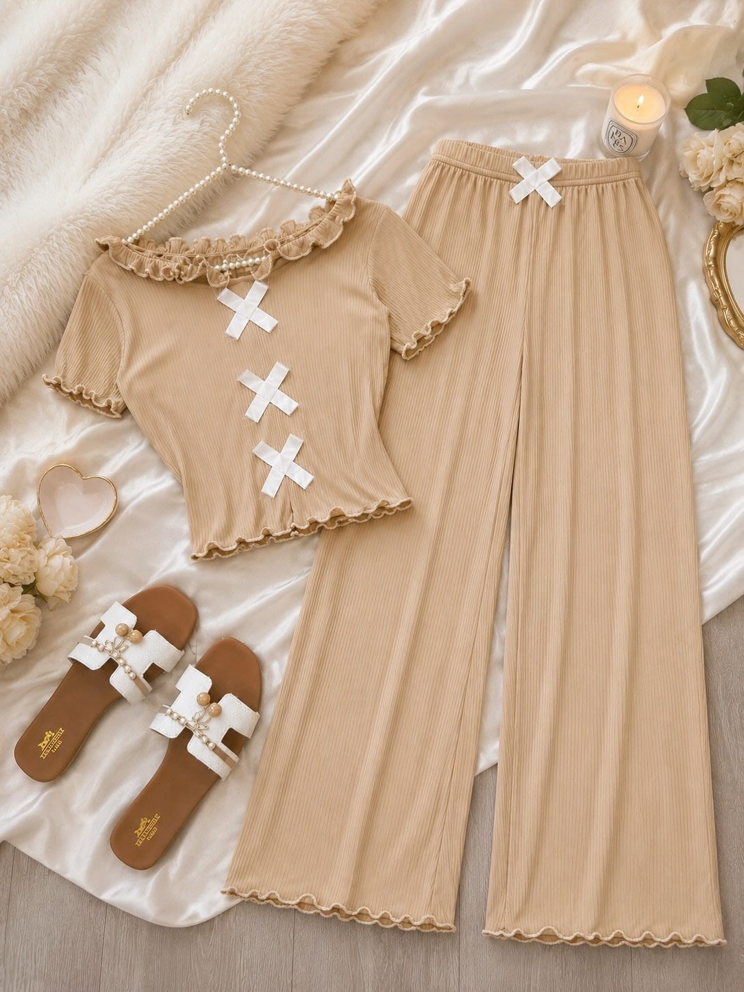 NO1273 women's bow detail ribbed pajama set wholesale - image 4
