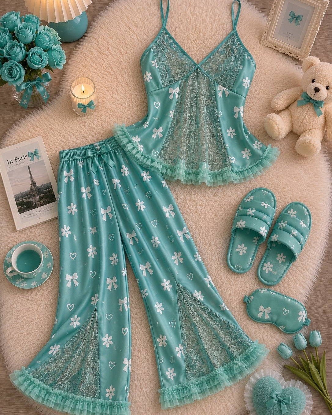 NO1286 women's bow print lace camisole pajama set wholesale - image 5