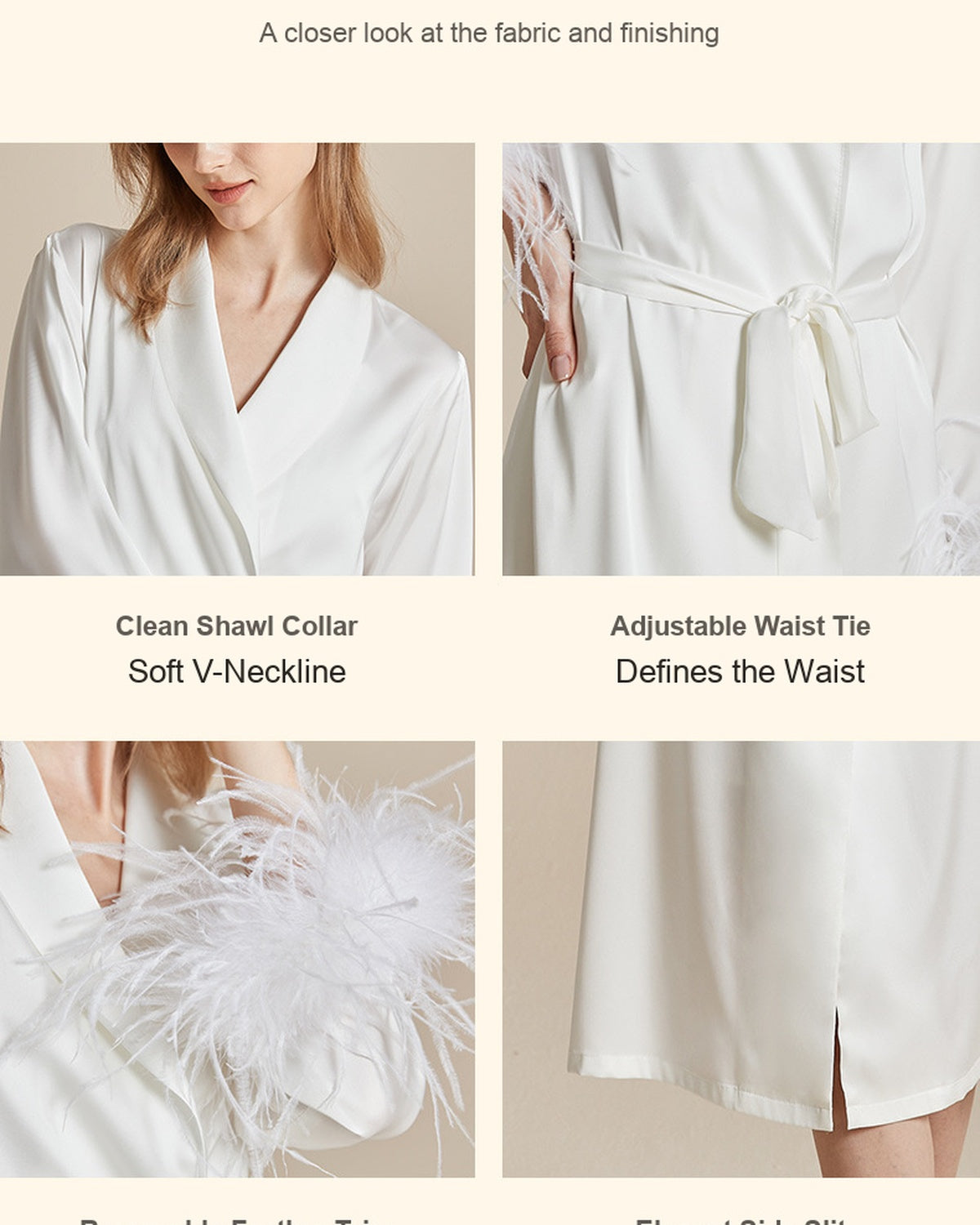 White Feather Trim Bridal Satin Robe
