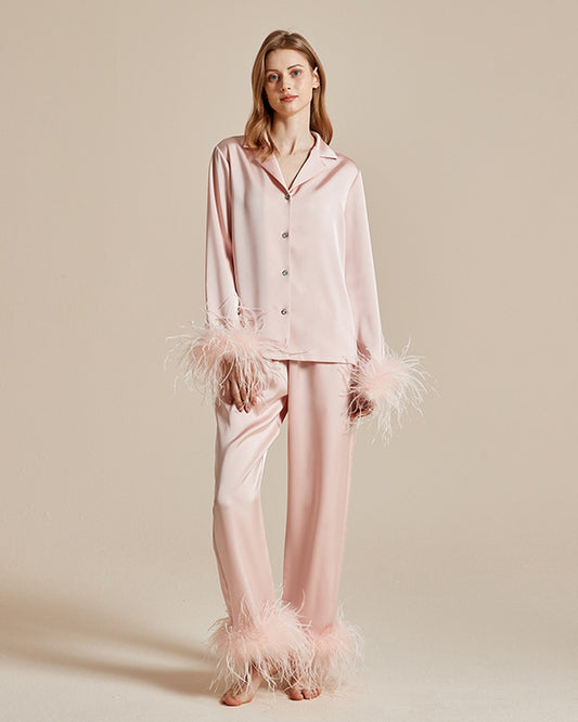 Feather-Trim Satin Pajama Set