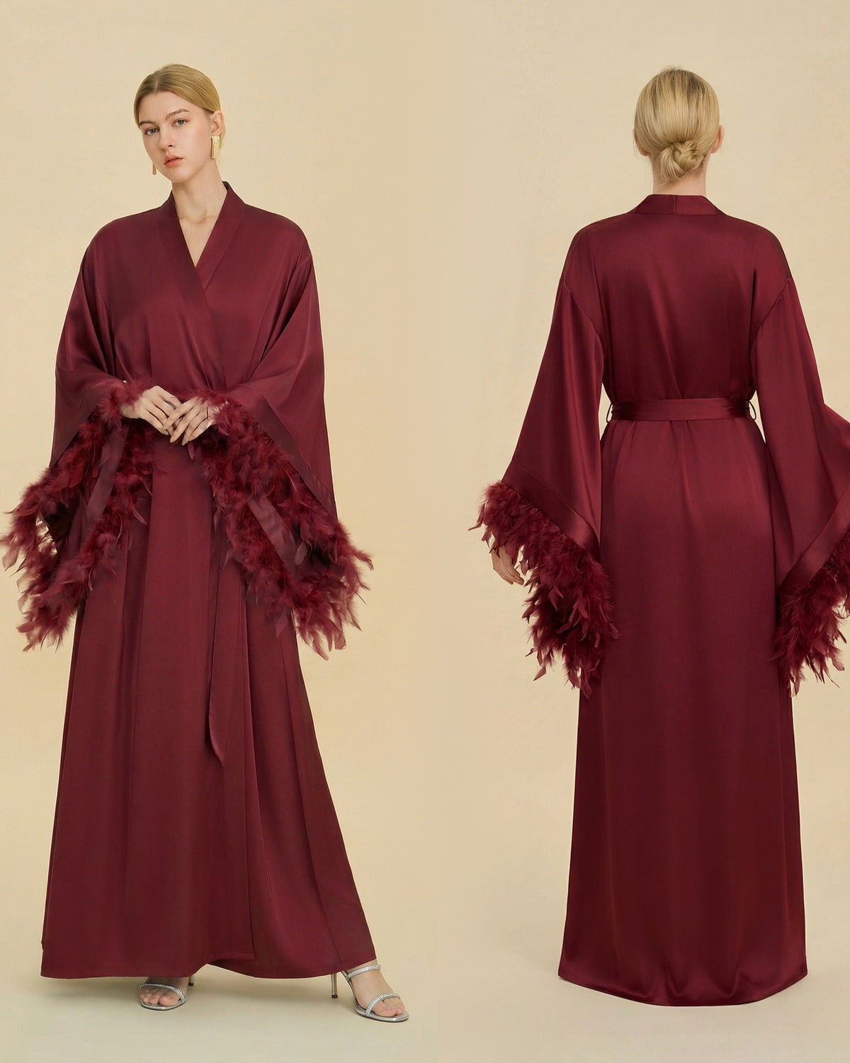 Feather Trim Bridal Satin Robe Set