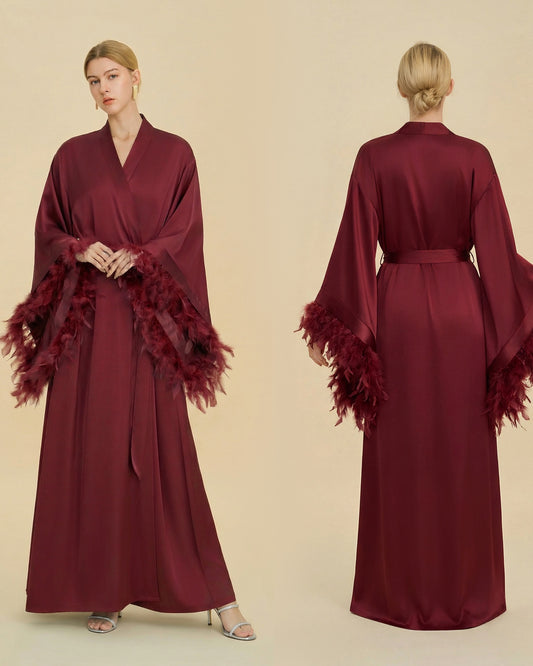 Feather Trim Bridal Satin Robe Set