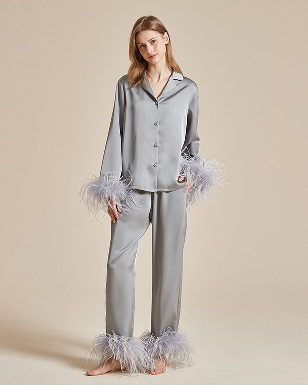 Feather Trim Satin Pajama Set