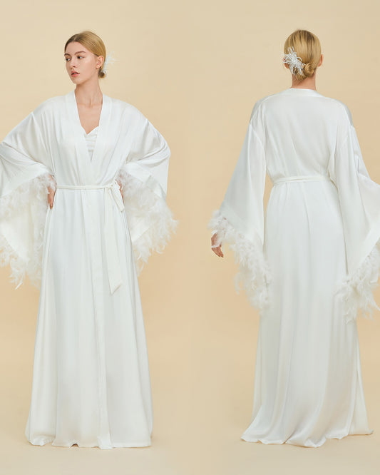 Feather-Trim Satin Bridal Robe & Slip Set
