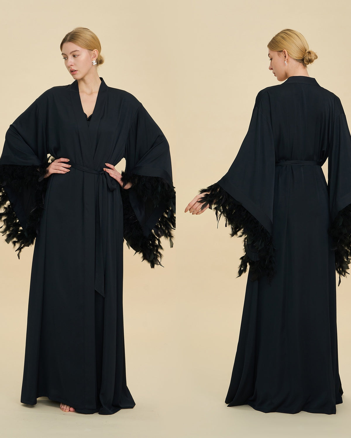 Feather Trim Bridal Satin Robe Set
