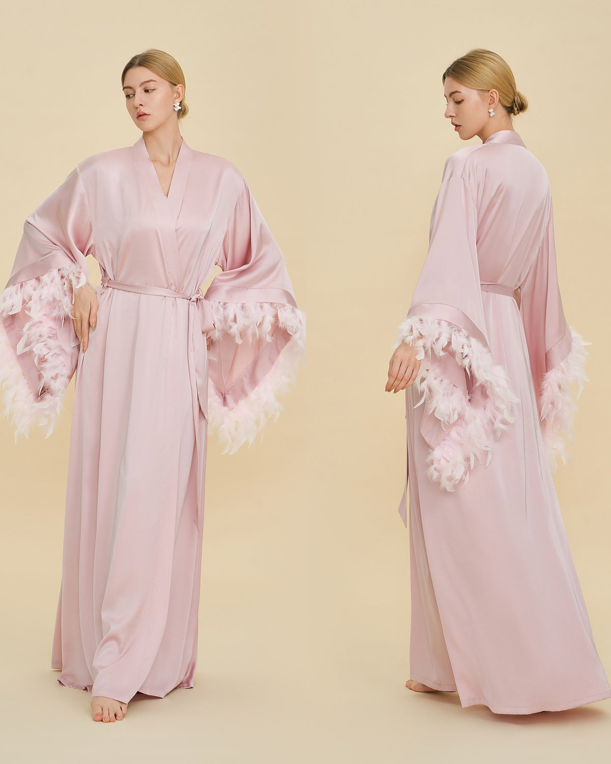 Feather Trim Bridal Satin Robe Set