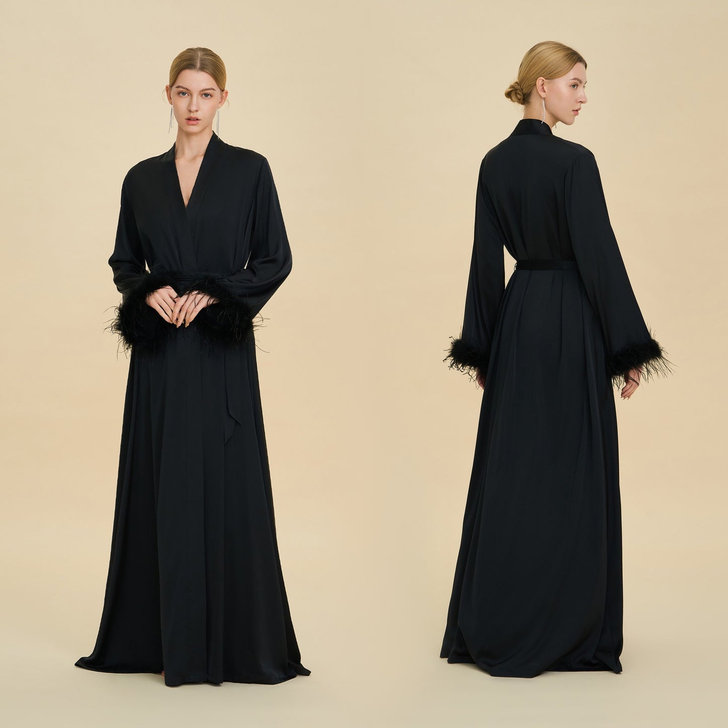 Feather-Trim Satin Bridal Robe