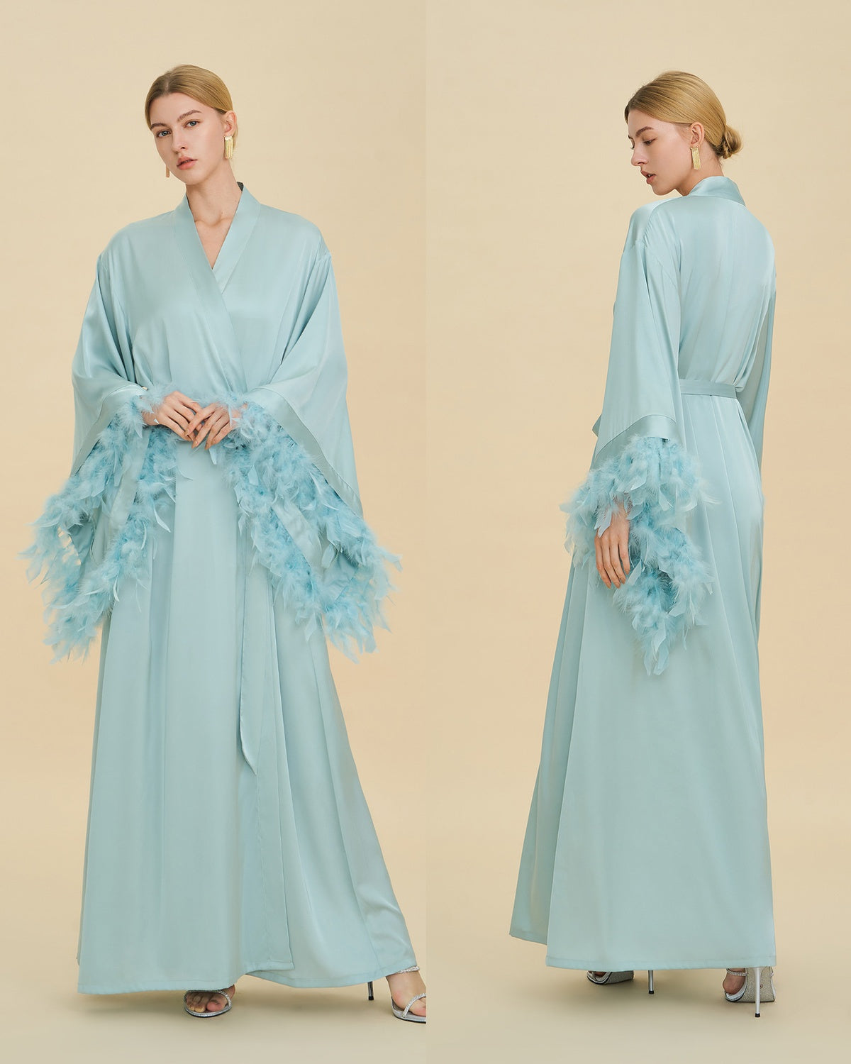 Feather Trim Bridal Satin Robe Set