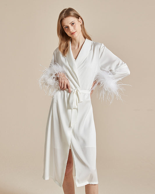 White Feather Trim Bridal Satin Robe