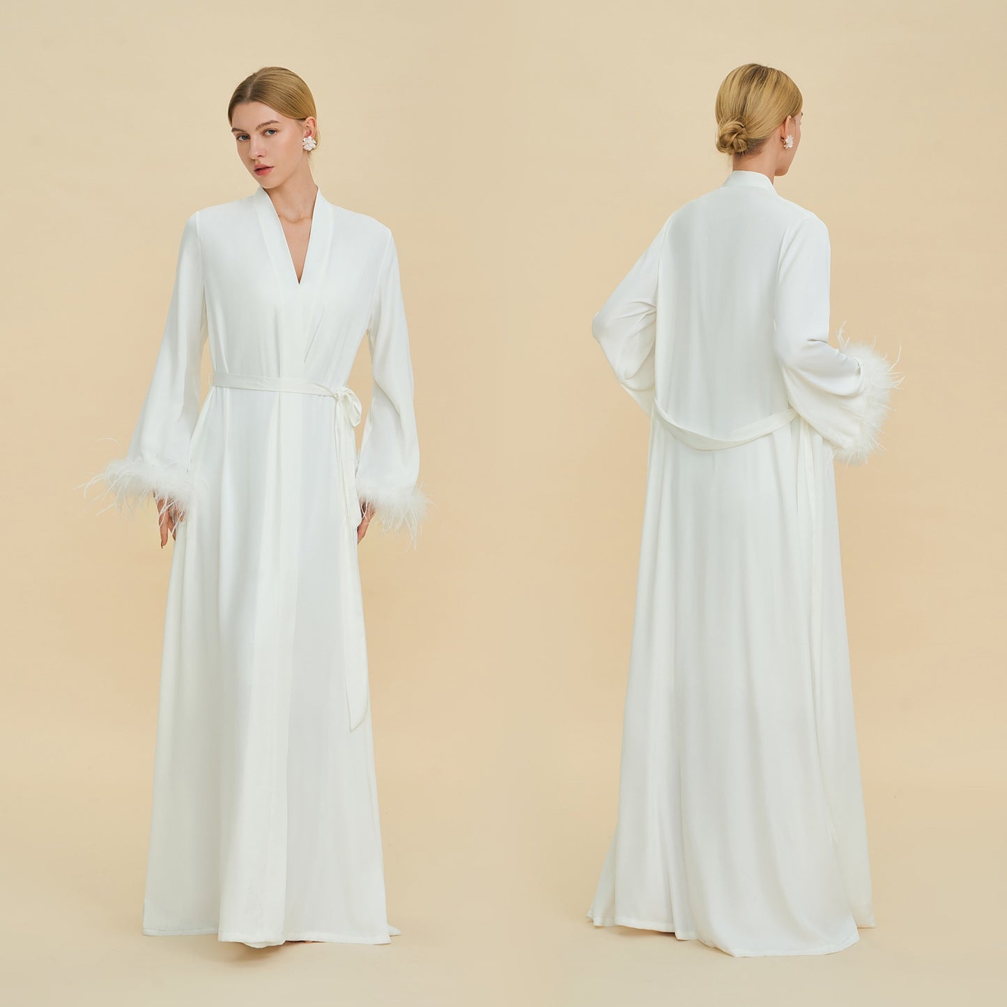Feather-Trim Satin Bridal Robe
