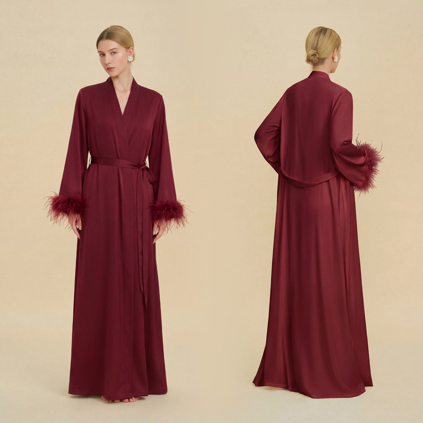 Feather-Trim Satin Bridal Robe