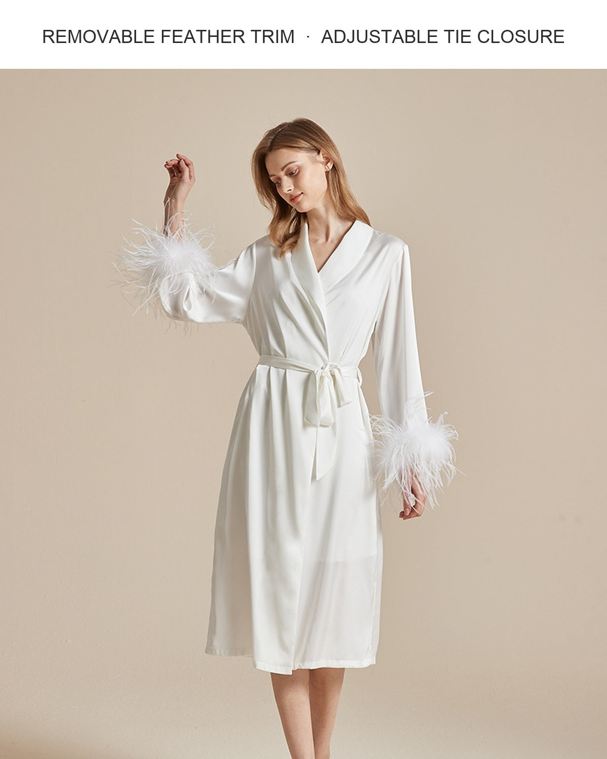 White Feather Trim Bridal Satin Robe