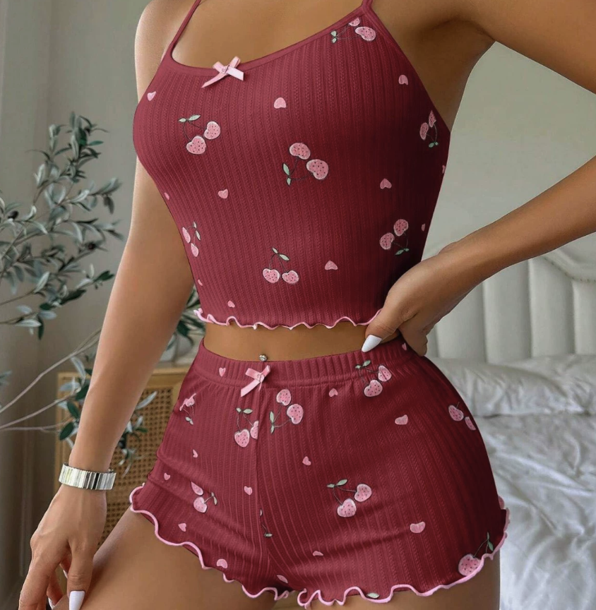 NO1204# Women Printed Ribbed Camisole Shorts Pajama Set Wholesale