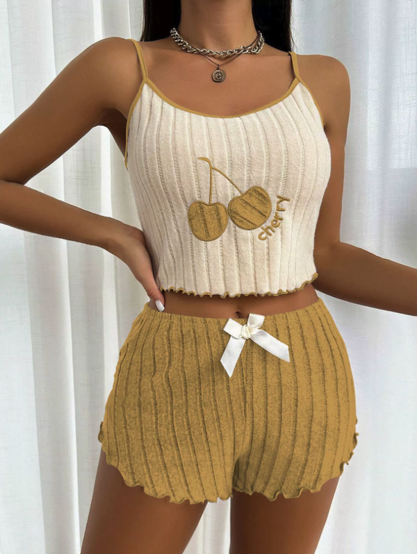 NO1205# Women Color-Block Cherry Ribbed Camisole Shorts Pajama Set Wholesale