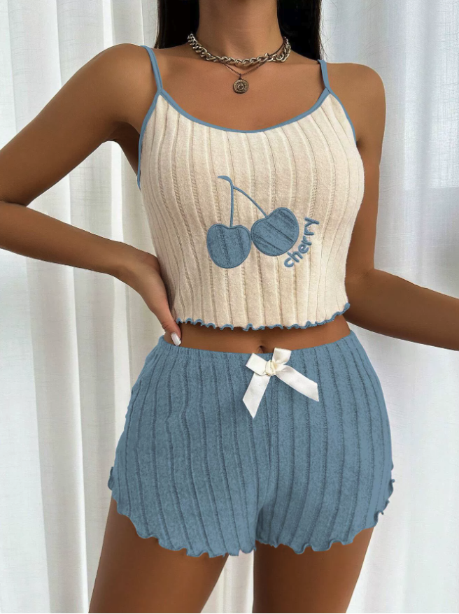NO1205# Women Color-Block Cherry Ribbed Camisole Shorts Pajama Set Wholesale