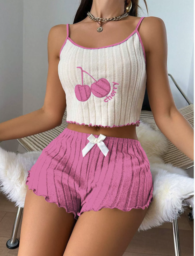 NO1205# Women Color-Block Cherry Ribbed Camisole Shorts Pajama Set Wholesale