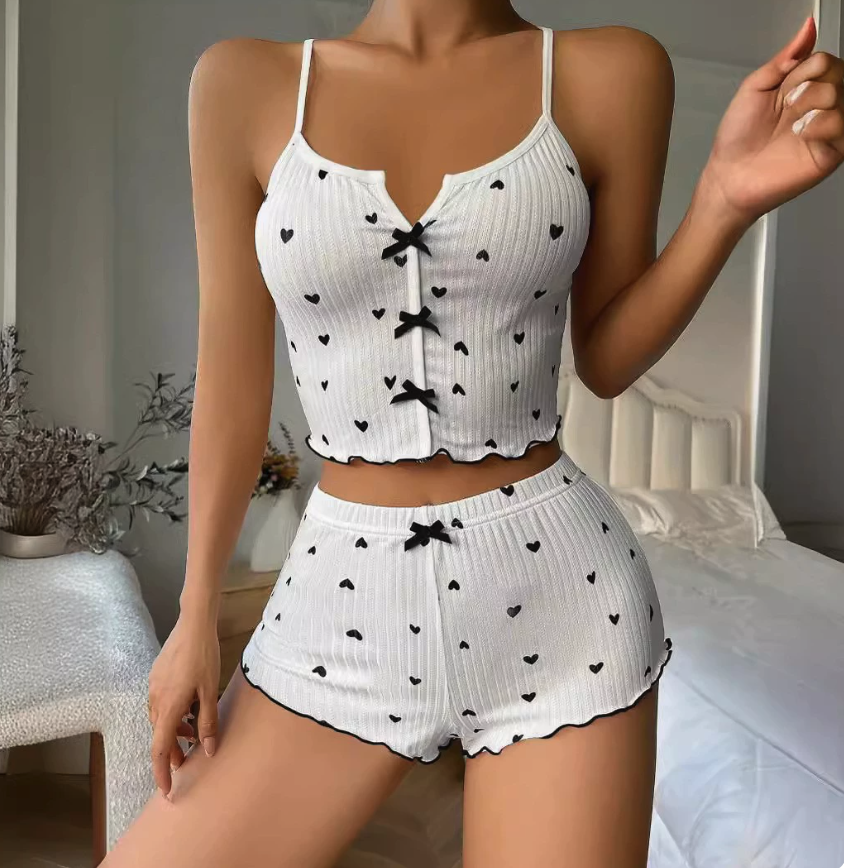 NO1208# Women Printed Button-Front Camisole Shorts Pajama Set Wholesale
