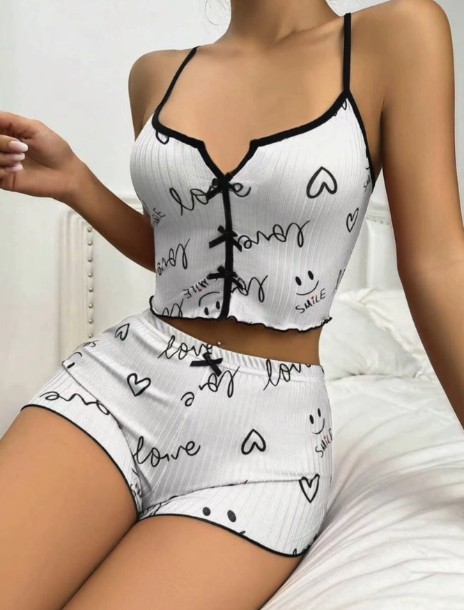 NO1208# Women Printed Button-Front Camisole Shorts Pajama Set Wholesale