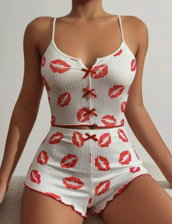NO1208# Women Printed Button-Front Camisole Shorts Pajama Set Wholesale
