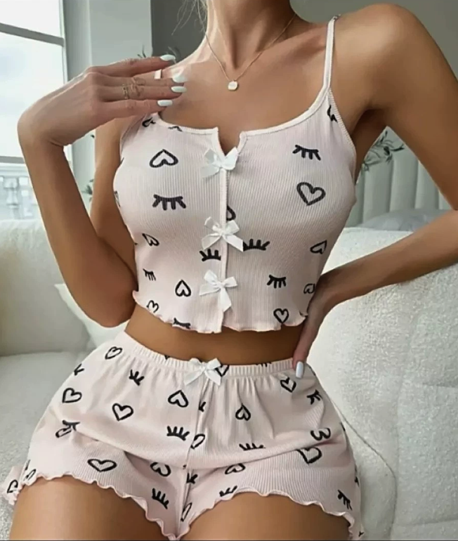 NO1208# Women Printed Button-Front Camisole Shorts Pajama Set Wholesale