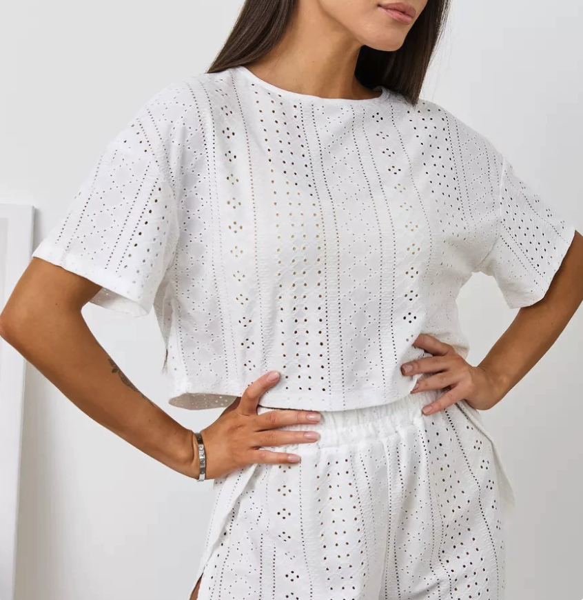 NO1210# Women Eyelet Short-Sleeve Top and Shorts Pajama Set Wholesale