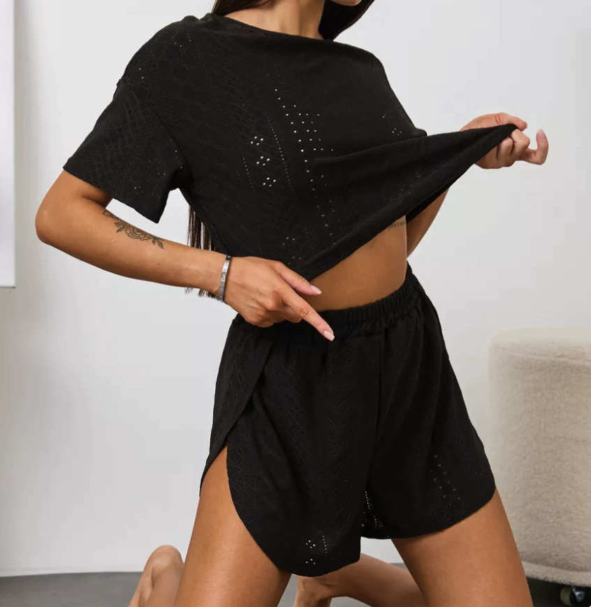 NO1210# Women Eyelet Short-Sleeve Top and Shorts Pajama Set Wholesale
