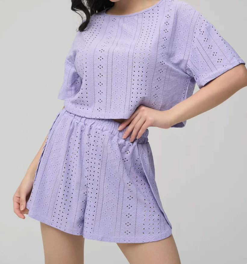 NO1210# Women Eyelet Short-Sleeve Top and Shorts Pajama Set Wholesale