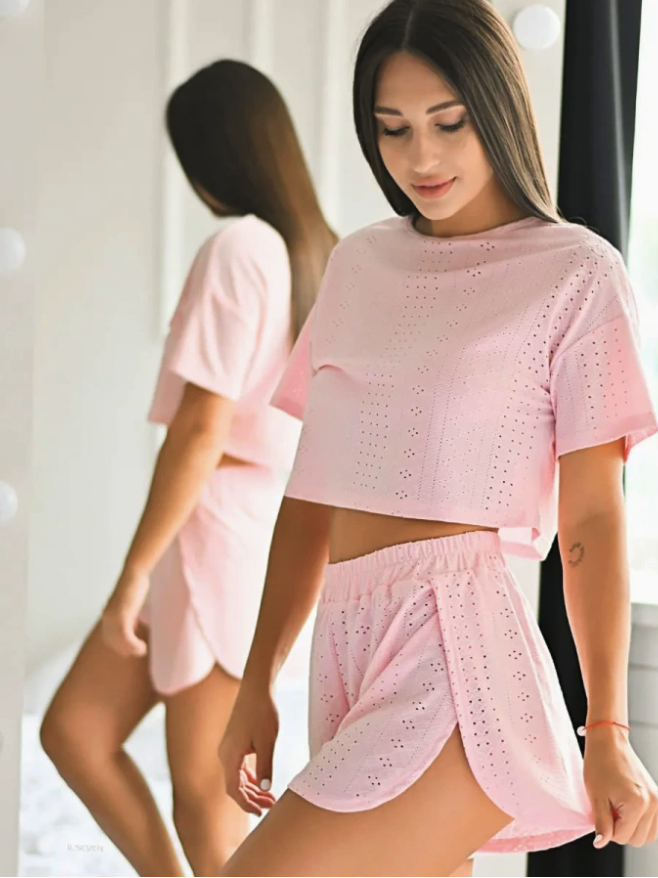 NO1210# Women Eyelet Short-Sleeve Top and Shorts Pajama Set Wholesale