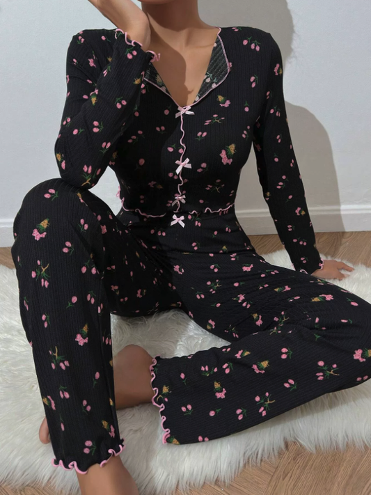 NO1211# Women Printed Long-Sleeve Pajama Set Wholesale