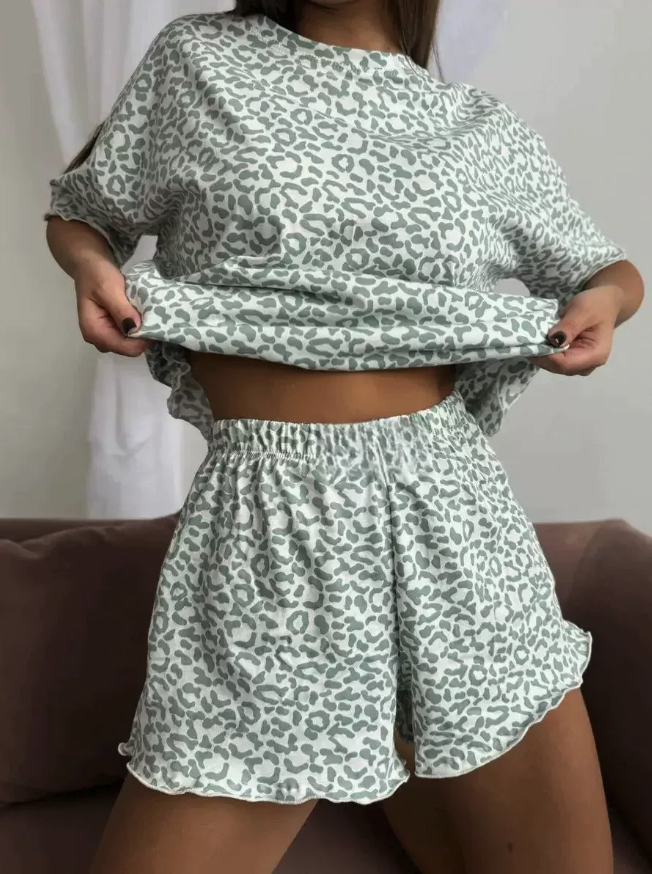 NO1213# Women Leopard Print Short-Sleeve Shorts Pajama Set Wholesale