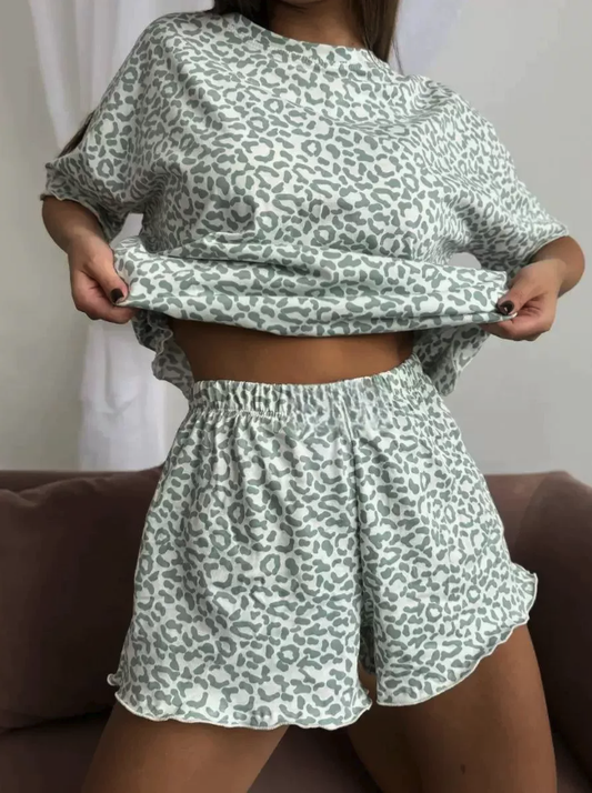 NO1213# Women Leopard Print Short-Sleeve Shorts Pajama Set Wholesale