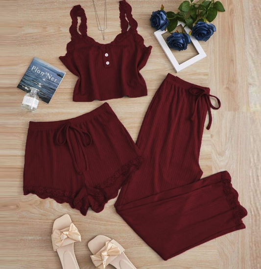 NO1214# Women 3-Piece Ribbed Lace Camisole Pajama Set Wholesale