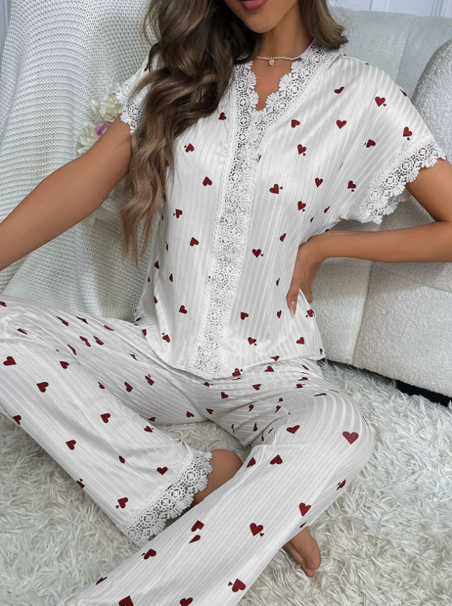 NO1215# Women Cherry Print Lace-Trim Button Pajama Set Wholesale
