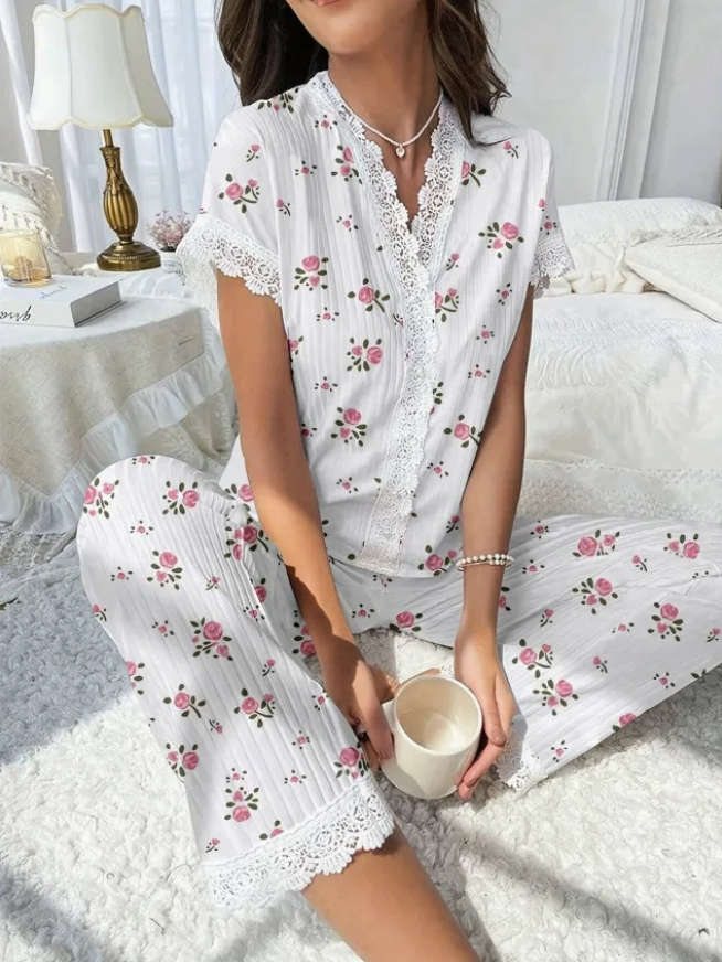 NO1215# Women Cherry Print Lace-Trim Button Pajama Set Wholesale
