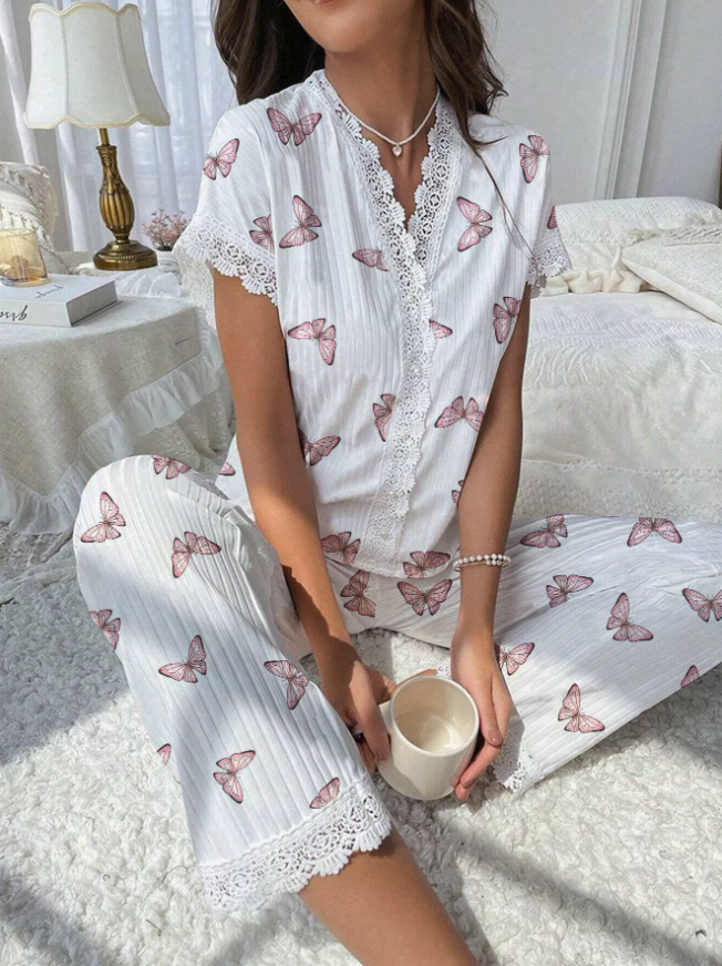 NO1215# Women Cherry Print Lace-Trim Button Pajama Set Wholesale