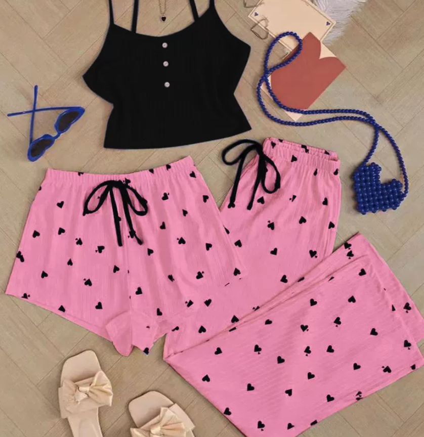 NO1216# Women 3-Piece Printed Camisole Pajama Set Wholesale