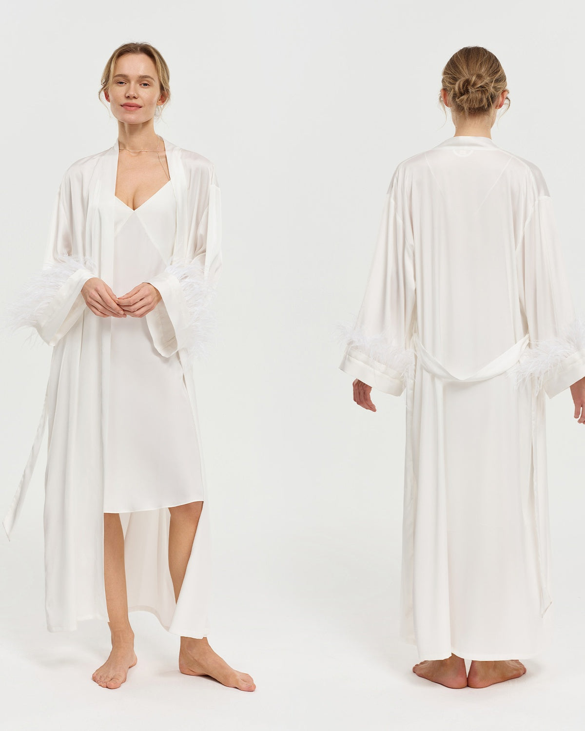 Feather Trim Satin Bridal Robe