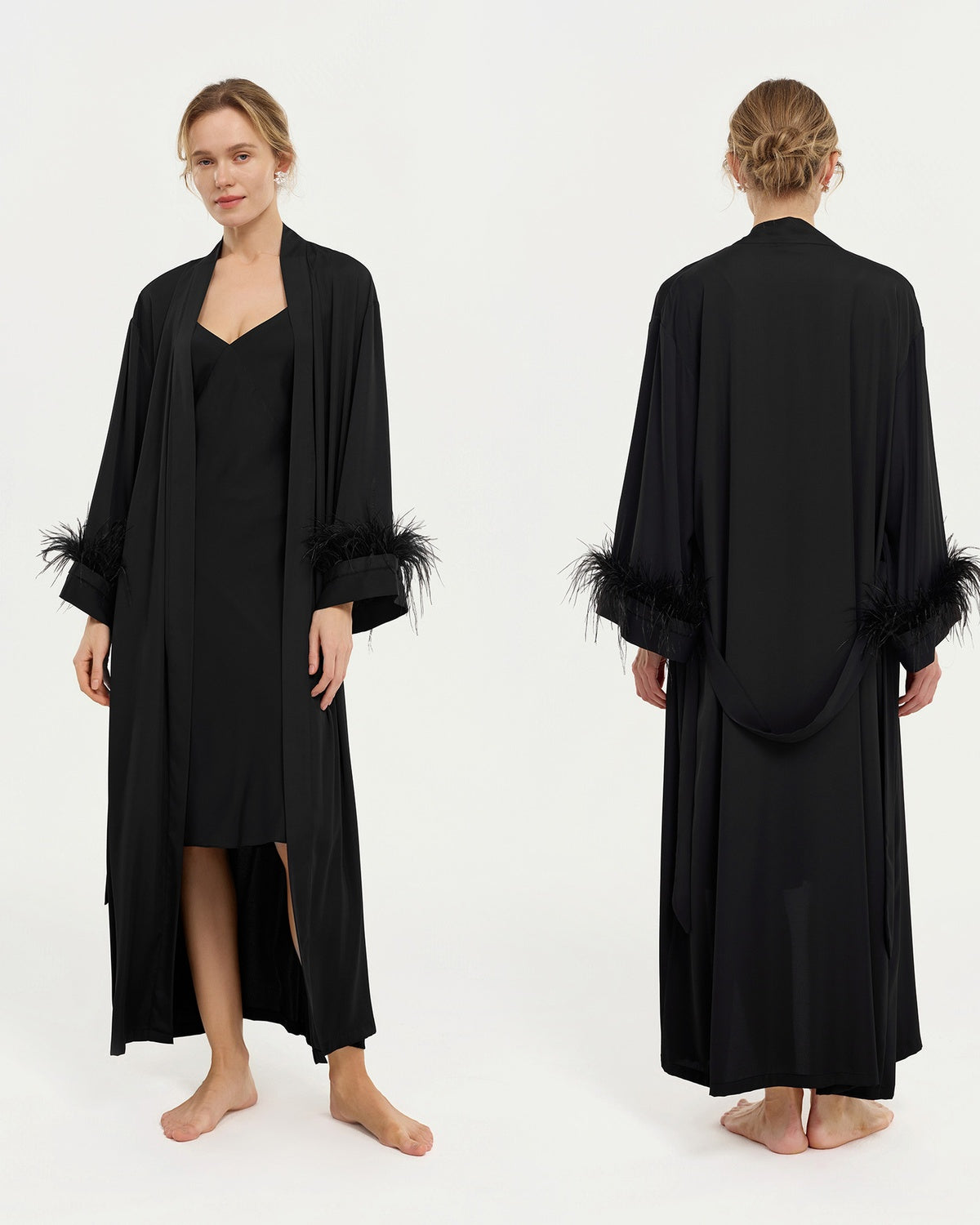Feather Trim Satin Bridal Robe