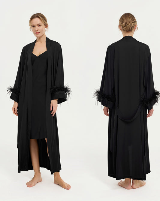 Feather Trim Satin Bridal Robe