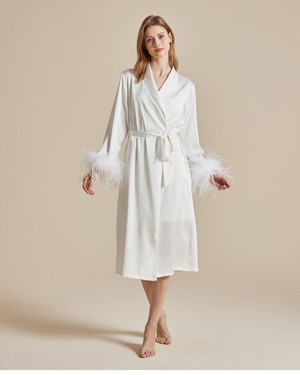 White Feather Trim Bridal Satin Robe