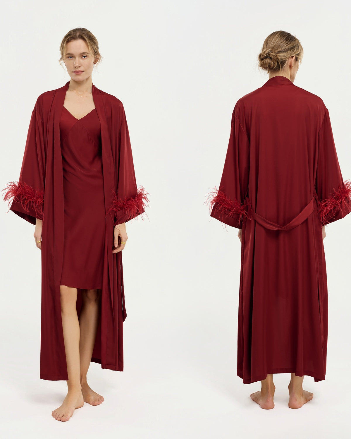 Feather Trim Satin Bridal Robe