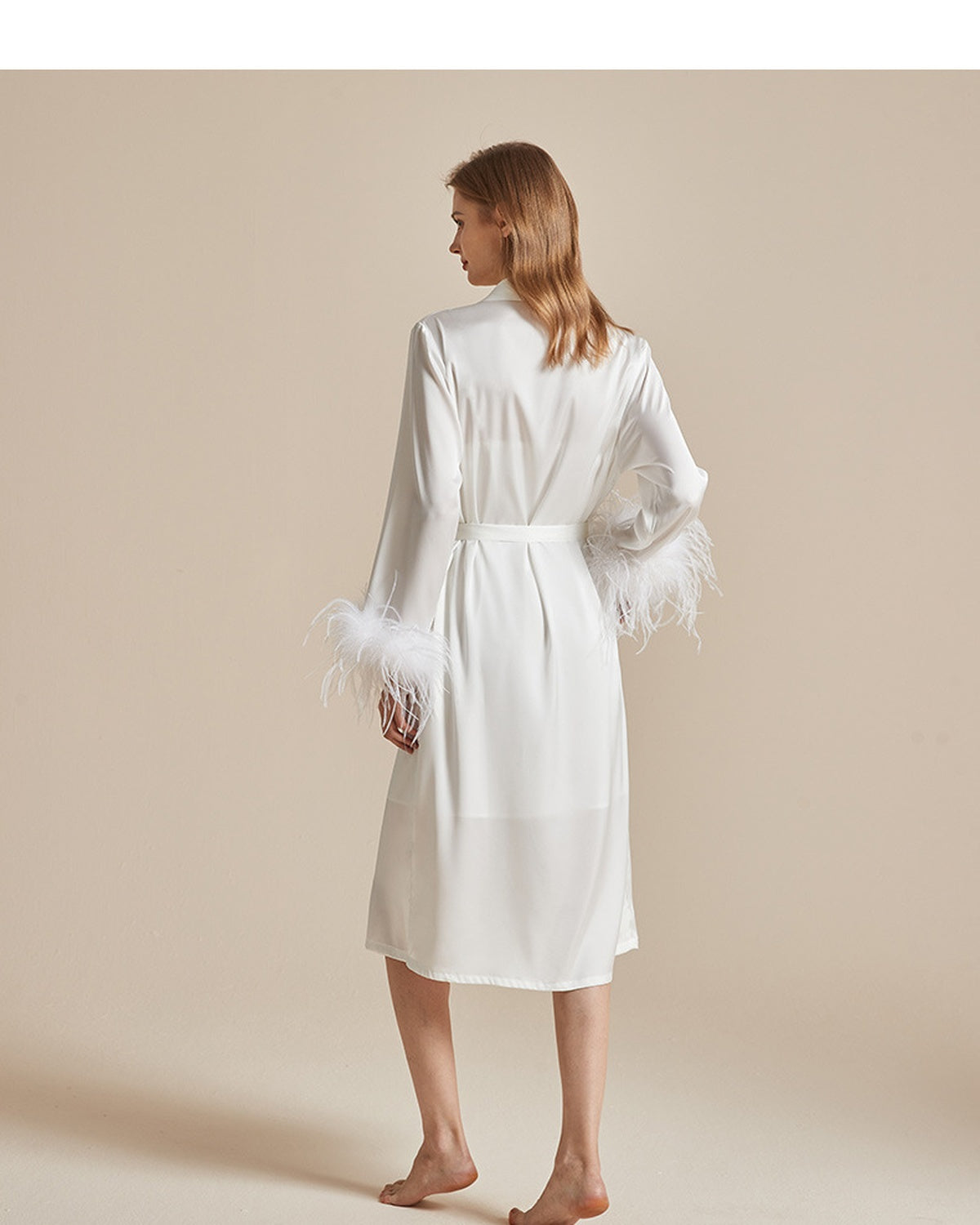 White Feather Trim Bridal Satin Robe