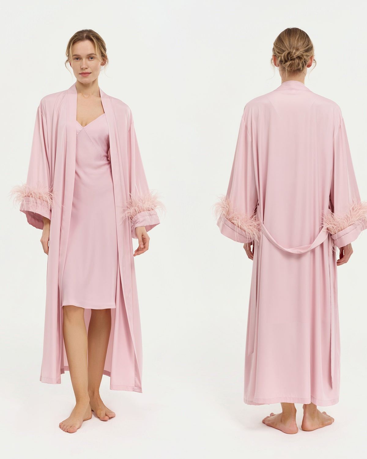 Feather Trim Satin Bridal Robe
