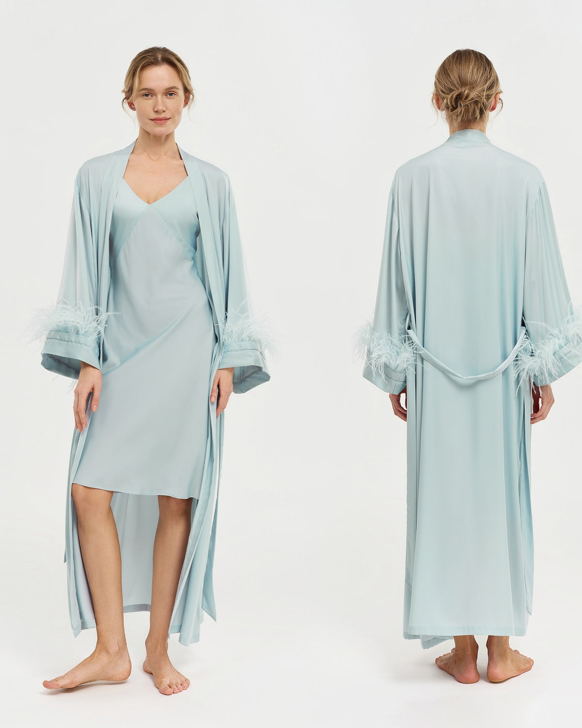 Feather Trim Satin Bridal Robe
