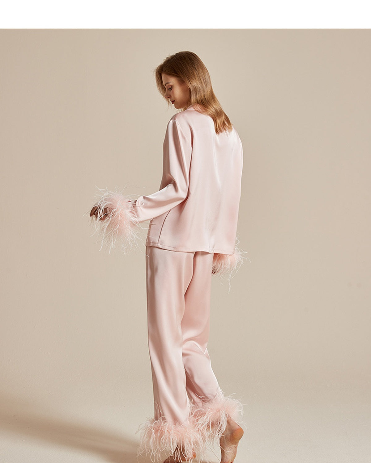 Feather Trim Satin Pajama Set