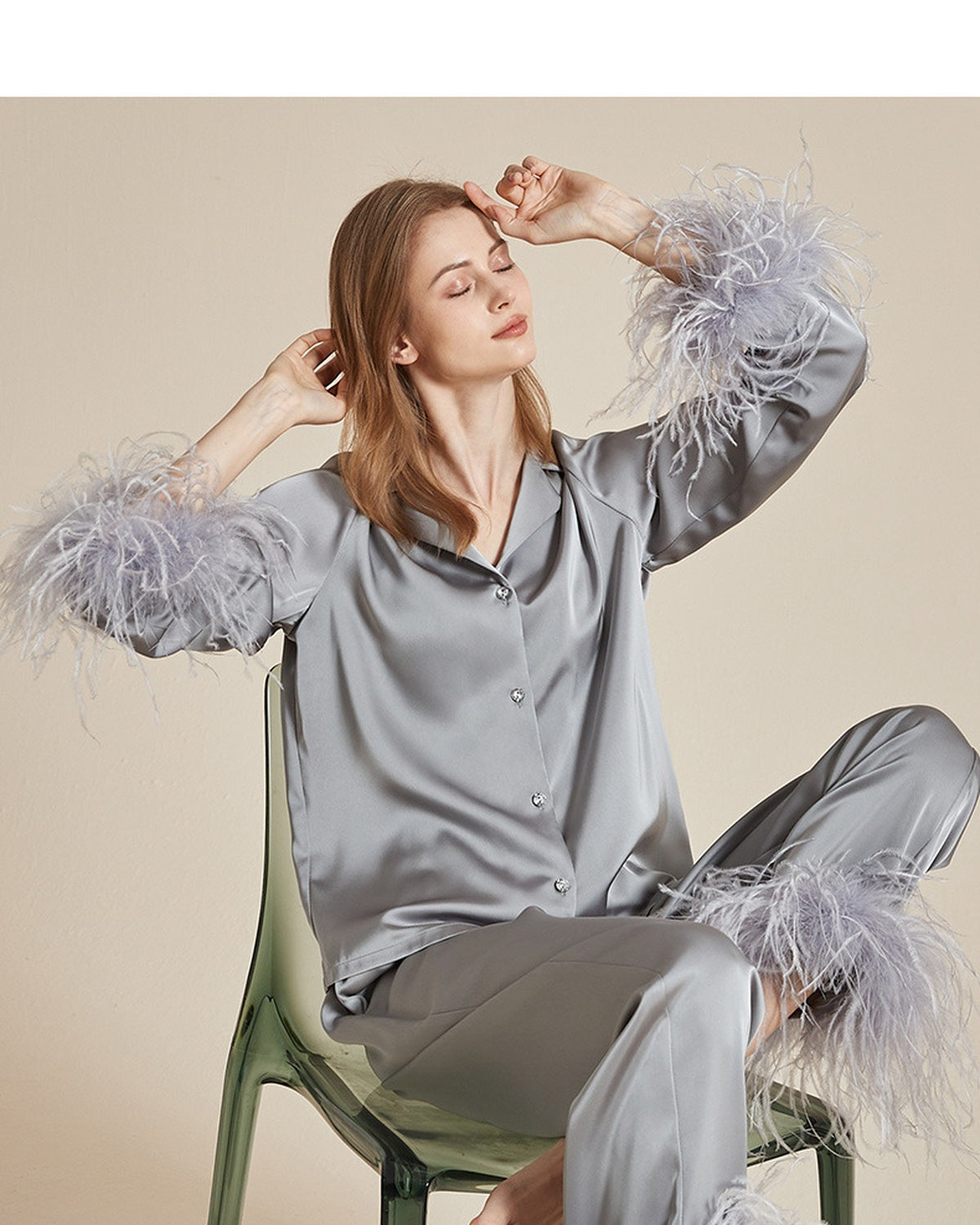 Feather Trim Satin Pajama Set